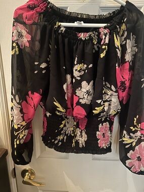 Charter Club Black Sheer Floral Off-Shoulder Blouse with elastic Waist, size 6.